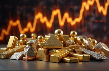 Shiny gold and silver bars piled with rough ore chunks. Abstract orange stock market chart in background indicates rising prices. Represents wealth, assets, or precious metals.