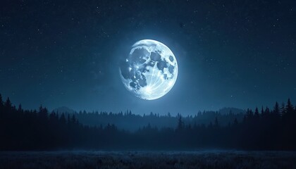 Full moon shines over dark silhouetted forest and starry night sky. Quiet, serene landscape with glowing moonlight creates a tranquil, peaceful atmosphere. Mystery and cosmic wonder fill the scene.