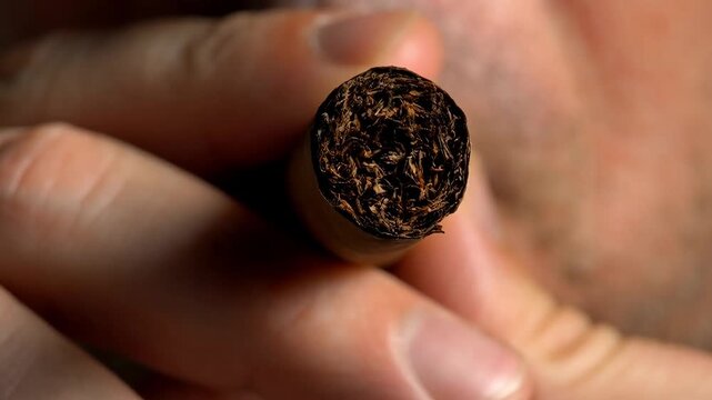 Close up of man's hands holding end of unlit cigar with focused mood representing luxury tobacco product or relaxation ritual on blurred dark background