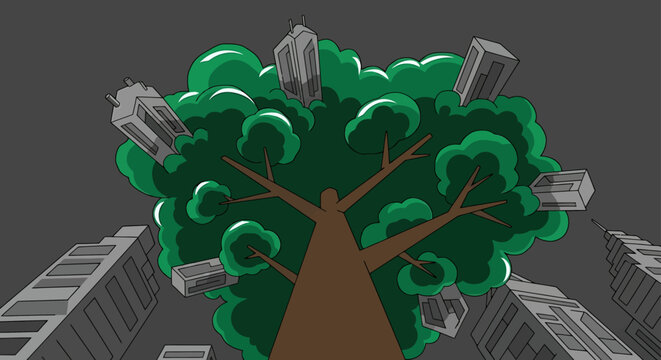 tree growing amidst city skyscrapers urban landscape nature