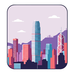 Fototapeta premium hong kong cityscape illustration with skyscrapers and mountains
