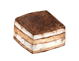 Watercolor illustration of tiramisu dessert. Large and detailed drawing of a portion of a classical Italian dessert isolated on transparent. For cookbooks, stickers, recipes