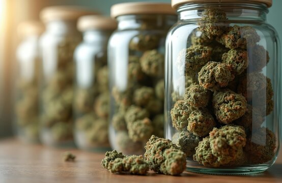 Glass jars hold dried cannabis buds. Weed is stored for medical or recreational use. Fresh green marijuana in containers, prepared for sale or therapy. High quality buds for wellness.