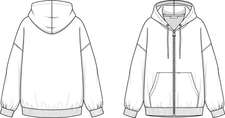 Women's oversized zip up hoodie technical sketch, front and back view of hooded sweatshirt with pockets, fashion flat template vector illustration, garment, © ASH Labs