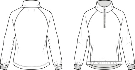 Women's quarter zip sweatshirt technical sketch, front and back view of long sleeve fleece pullover, apparel fashion flat template vector illustration, garment, © ASH Labs