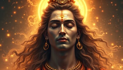 Fototapeta premium Lord Shiva meditates, bathed in golden cosmic light. His serene face, long wavy hair, and divine third eye adornment show hindu spirituality. Ancient deity with serene calm expression.
