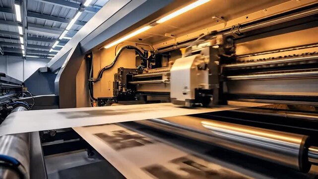 Large format printer in operation, printing images on paper in a factory setting.