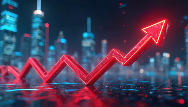Red financial graph with arrow moves up over city buildings background. Digital economy, stock market growth and investment. Business progress chart shows upward trend.