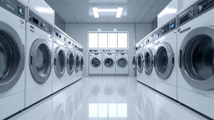 Neat rows of washing machines in a bright, clean laundromat setting.