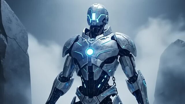 Futuristic Robot Standing in a Mysterious Environment.