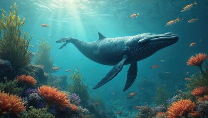 Giant whale swims near colorful coral reef and small fish. Sun rays penetrate deep blue ocean water, illuminating marine life. Underwater seascape evokes wonder and calm.