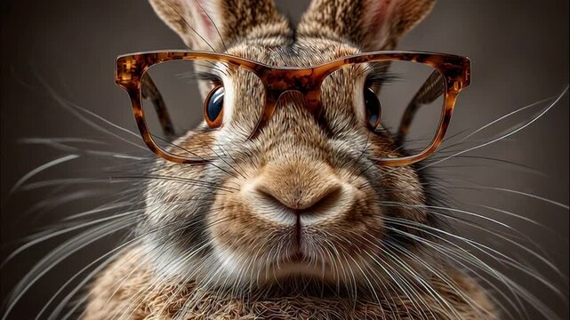 Humorous close-up of a smart bunny wearing stylish tortoiseshell glasses