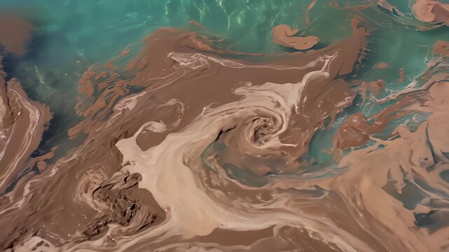 Mud and Sediment Mixing With Blue Water in an Abstract Pattern