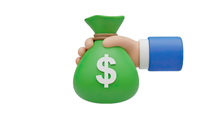 Hand holding a green money bag with a dollar sign