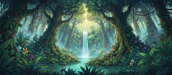 anime idyllic jungle rainforest landscape - modern 2d natural setting
