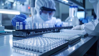 Scientist in Sterile Lab Coat Performing Precise Experiment with Pipette and Vials