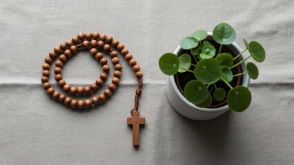 Wooden rosary bead with a cross next to a green potted plant on a minimalist grey fabric background for spiritual and religious concepts.
