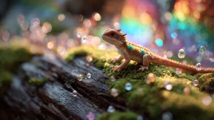 Vibrant Baby Lizard on Mossy Log with Sparkling Dew in Enchanting Forest Light