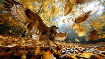 Dynamic Autumn Scene with Majestic Hawk in Motion Amidst Falling Leaves in Vibrant Forest Landscape