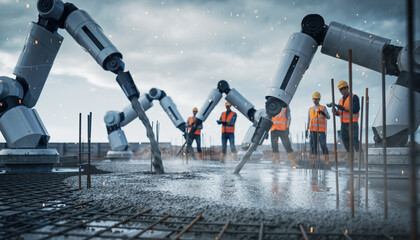 Advanced Robotic Arms and Human Construction Workers Collaborating on a Future Building Site, Showcasing Technology-Driven Development and Efficiency