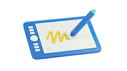 3D Rendered Drawing Tablet with Stylus Creating a Yellow Line
