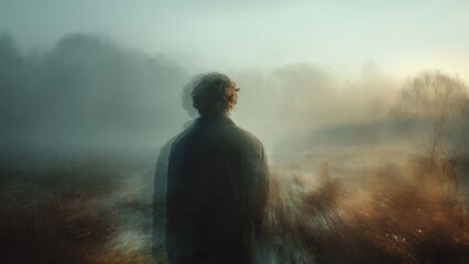 Silhouetted Figure in Mystical Foggy Landscape at Sunrise with Soft Lighting and Atmospheric Ambience