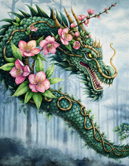 Fototapeta premium Enchanting Emerald Dragon Adorned with Pink Cherry Blossoms in a Misty Forest Landscape