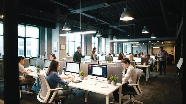Diverse group of professionals engaged in brainstorming session, one person writing on glass board while others observe, showcasing collaborative work environment, modern office routine, team work