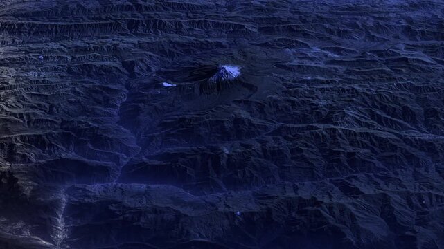 Satellite view of Mount Damavand, Iran, sunrise time lapse aerial footage based on NASA imagery