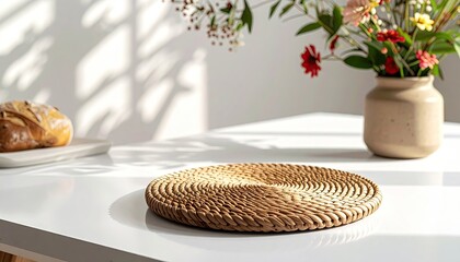 Sunlight Illuminates Woven Placemat on White Table with Flowers