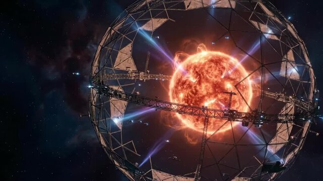 Dyson Sphere Megastructure Construction Around Fiery Star in Deep Space 3D Render