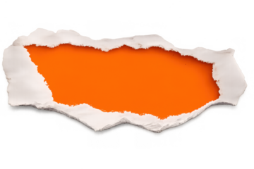 Torn white paper revealing an orange background space, rough ripped edges creating copy space template design
