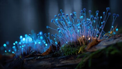 Enchanting Bioluminescent Fungi Illuminating a Mystical Forest Log at Night with Vibrant, Glowing Blue and Green Lights