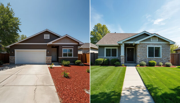 Home exterior renovation. Old siding changed to stone facade and new lawn planted. House siding upgrade shows improved curb appeal and modern look.
