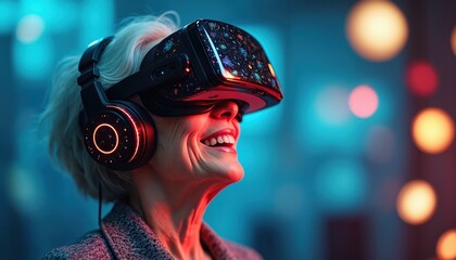 Elderly woman wears VR headset and headphones. She smiles while experiencing virtual reality. Modern tech offers new worlds, education, and entertainment.