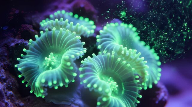 Green Fluorescent Corals Thriving and Glowing in an Aquarium Tank