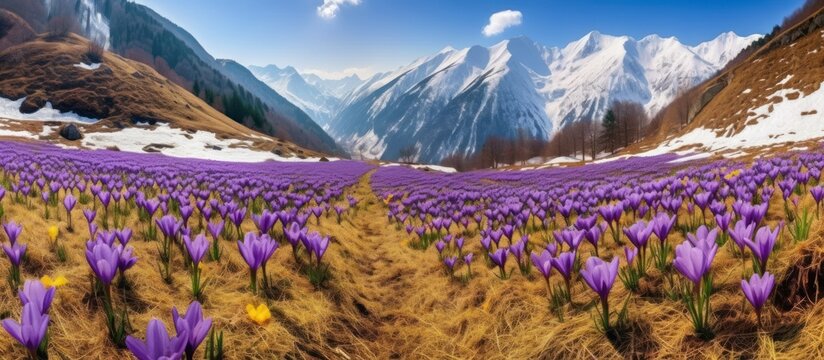 Stunning panoramic view of a vibrant purple flower field with snow-capped mountains in the background under a clear blue sky. - Powered by Adobe