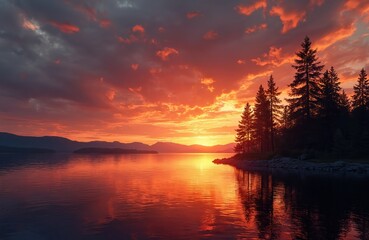 Fiery sunset paints sky above calm lake water. Silhouetted pine trees stand on shore. Mountain range forms distant horizon. Serene natural landscape reflects warm colors.
