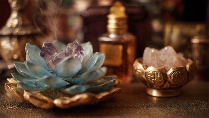 Serene Aromatherapy Setting with Lotus Incense Holder and Bottled Fragrance Surrounded by Crystals and Warm Light
