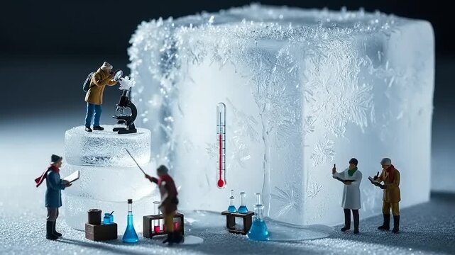 Miniature scientists conduct experiments on a giant ice block with thermometer.