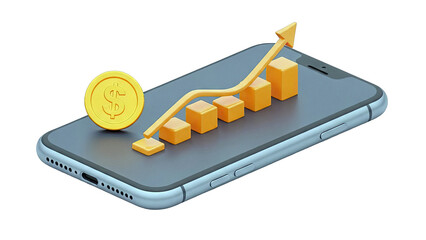 3D smartphone with growing financial chart and dollar coin