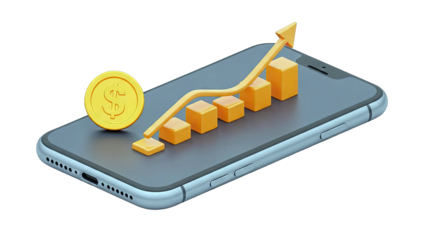 3D smartphone with growing financial chart and dollar coin
