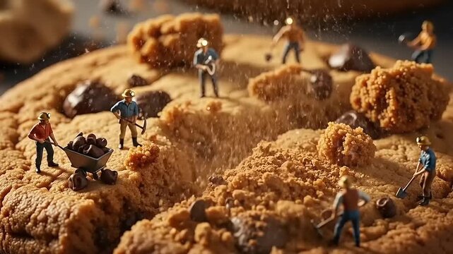 Miniature workers harvesting chocolate chips from a giant cookie a whimsical and creative food concept.