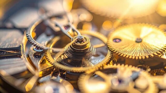 Close-up of intricate golden gears and springs inside a mechanical clockwork mechanism.