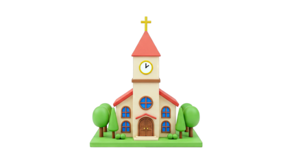 Cartoon Church with Trees and Clock Tower