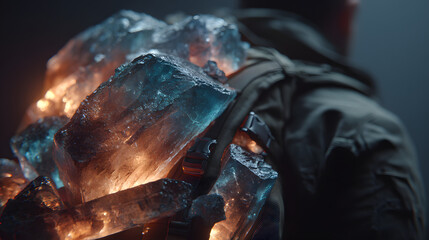 Man carries backpack filled with glowing stones labeled stress anxiety and fear representing mental health burdens and emotional weight on a dark background symbolizing challenges