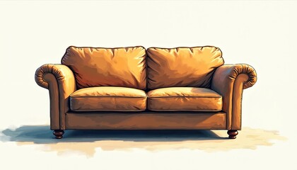 Brown leather sofa illustration with soft cushions and rolled arms. This drawing depicts a comfy couch perfect for home interior decor or lifestyle concepts. Add warmth and coziness to your projects.