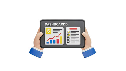 Hands Holding Tablet Displaying Dashboard with Charts and Checklist
