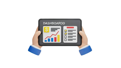 Hands Holding Tablet Displaying Dashboard with Charts and Checklist