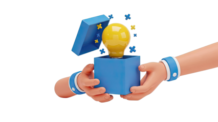 Hands Presenting a Glowing Lightbulb Idea from a Blue Box